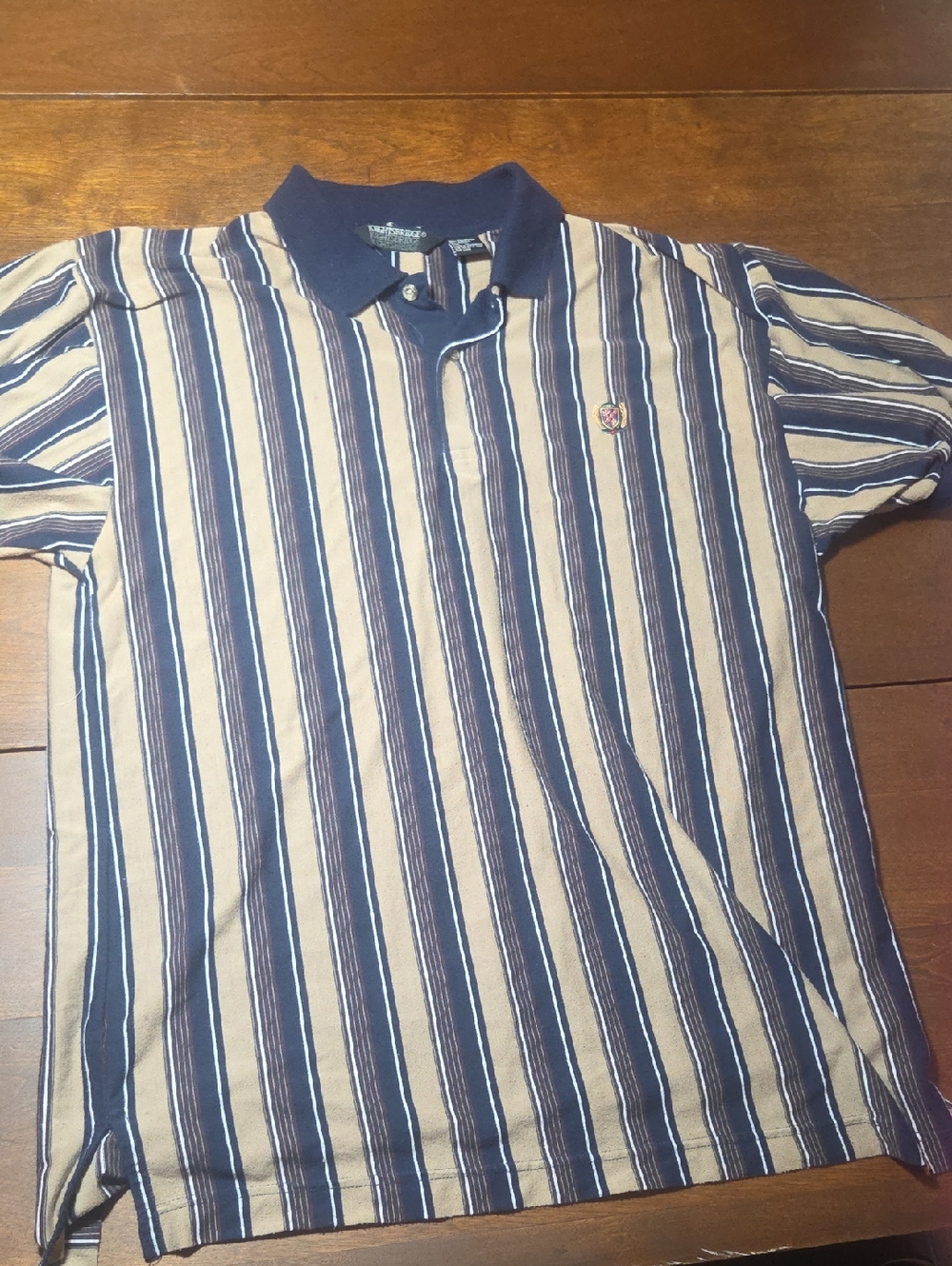 Men's 90's Striped Polo Shirt - Navy & Tan Y2K Size Large KnightsBridge